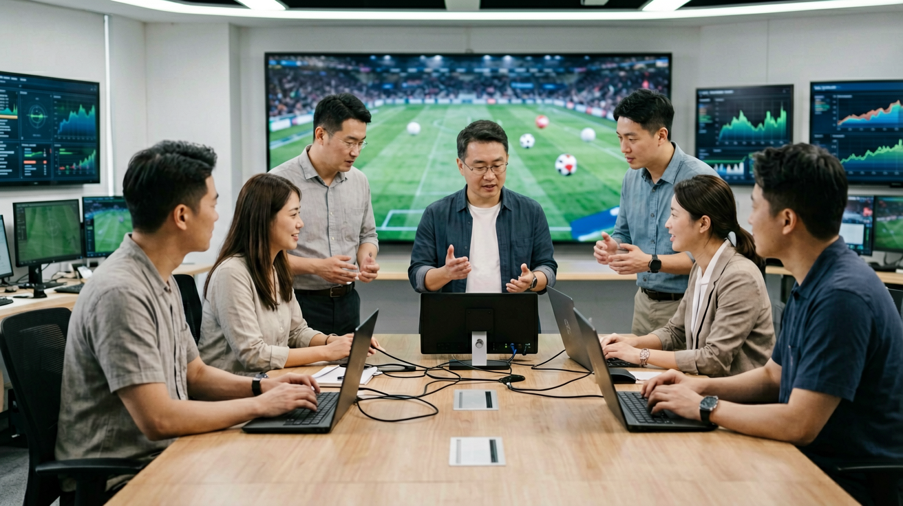 乐竟体育编辑团队在演播室进行赛事内容制作